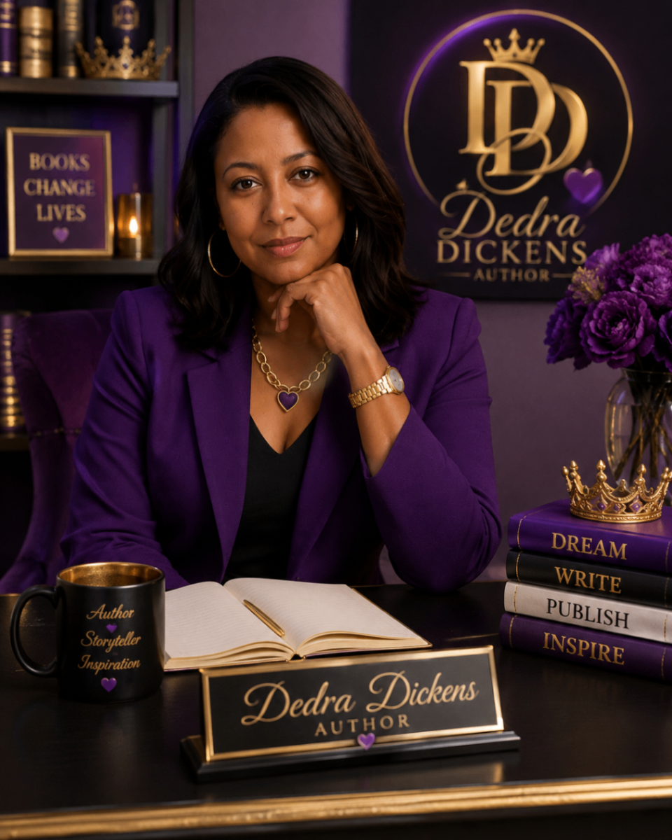 Dedra Dickens seated at her writing desk with an open book and her author sign